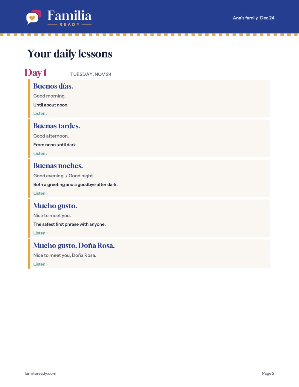 A page from a real plan: Day 1 lessons, ending with Mucho gusto, Doña Rosa